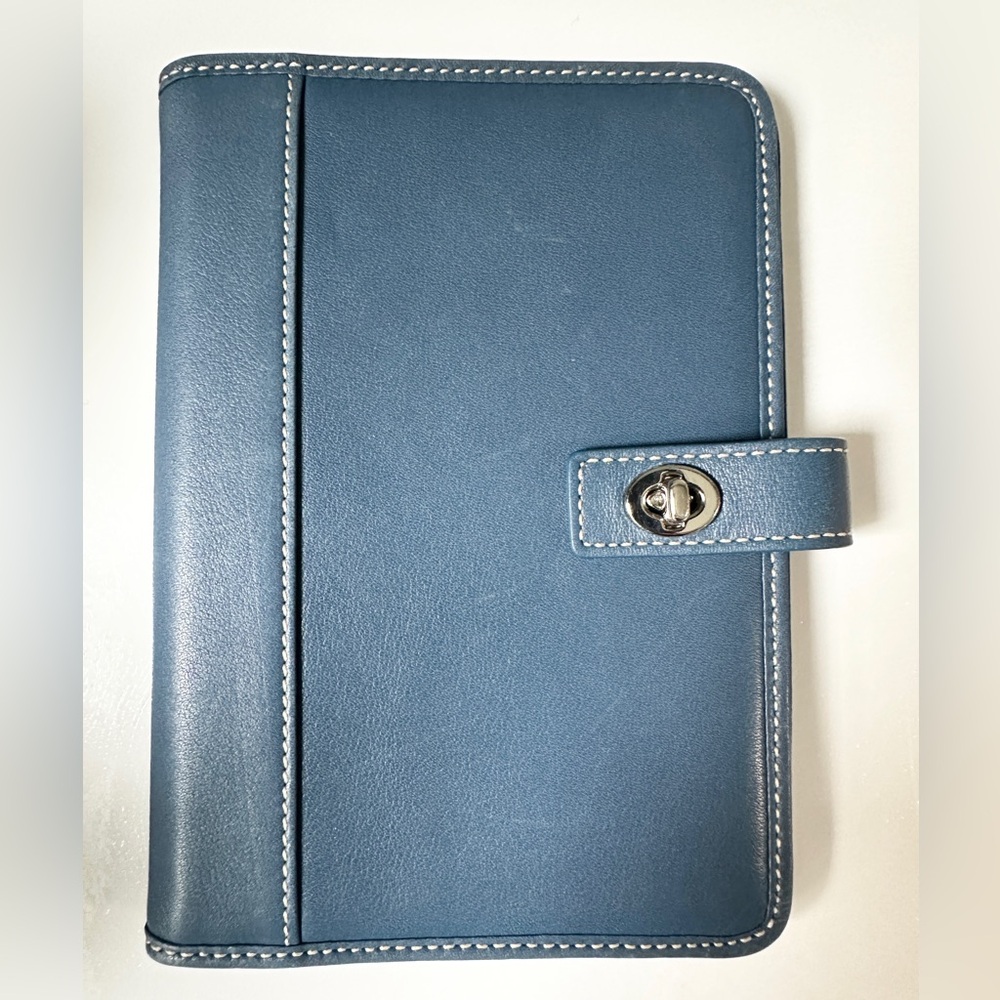 Coach Blue Leather Planner with Nickel Turn Lock Closure